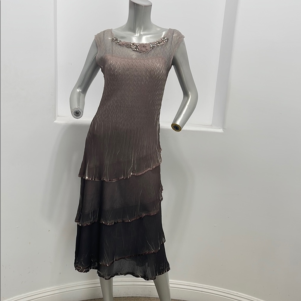 Komarov Brown Ombré Cap Sleeve Tiered Charmeuse Midi Cocktail Dress Size M